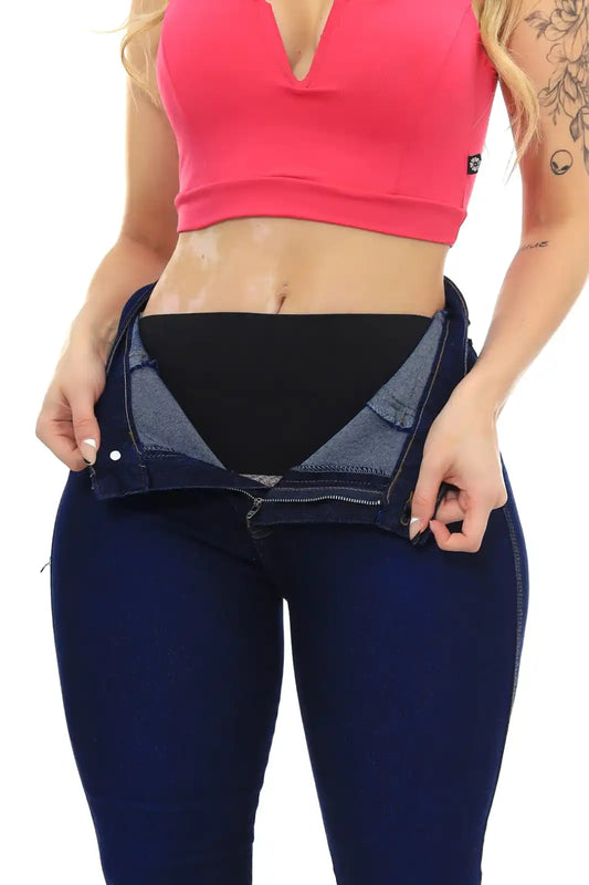 Calça Jeans Azul Escuro Com Cinta Lipo Cintura Alta